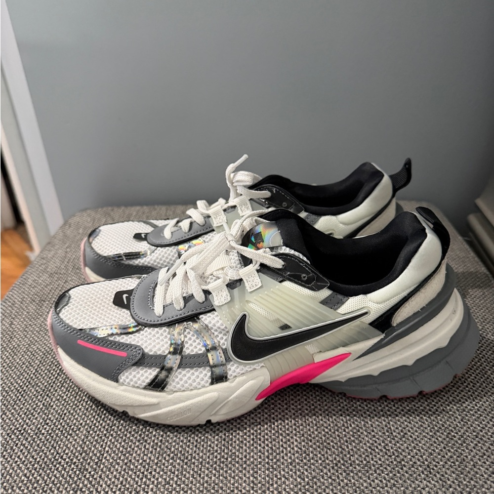Nike V2K White and Gray Athletic Shoes with Pink Highlights